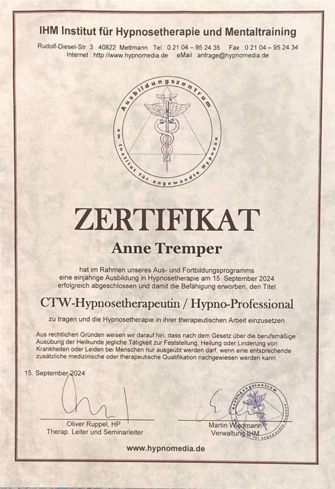 IHM_Institut_Hypnosetherapie_CTW-Therapeut Zertifikat